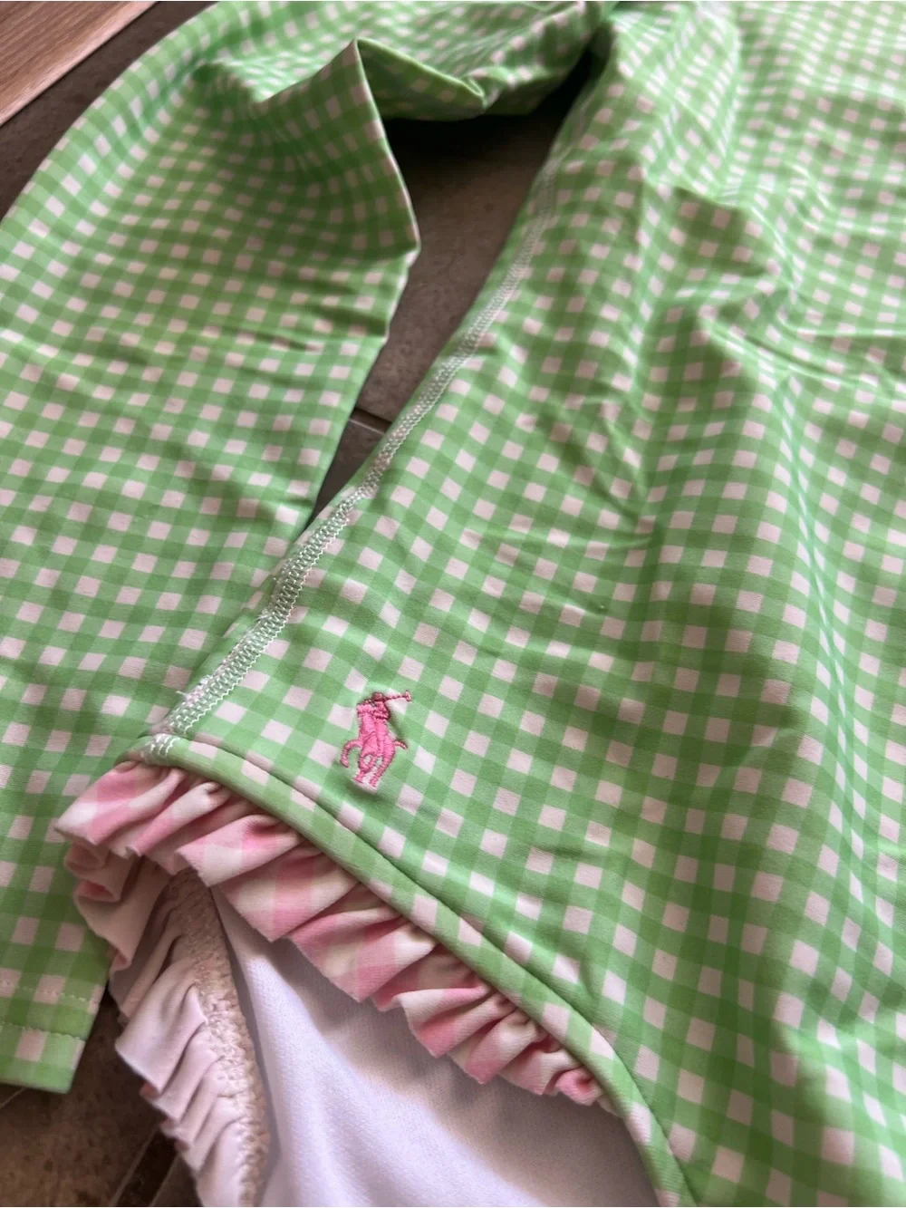 Polo Ralph Lauren Girls Ruffled Gingham Rash-guard Swimsuit 12-14 LRG GREEN/PINK